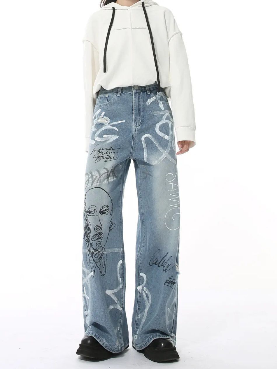 Japanese Brand Retro loose wide leg graffiti jeans Size US 32 / EU 48 - 4 Thumbnail