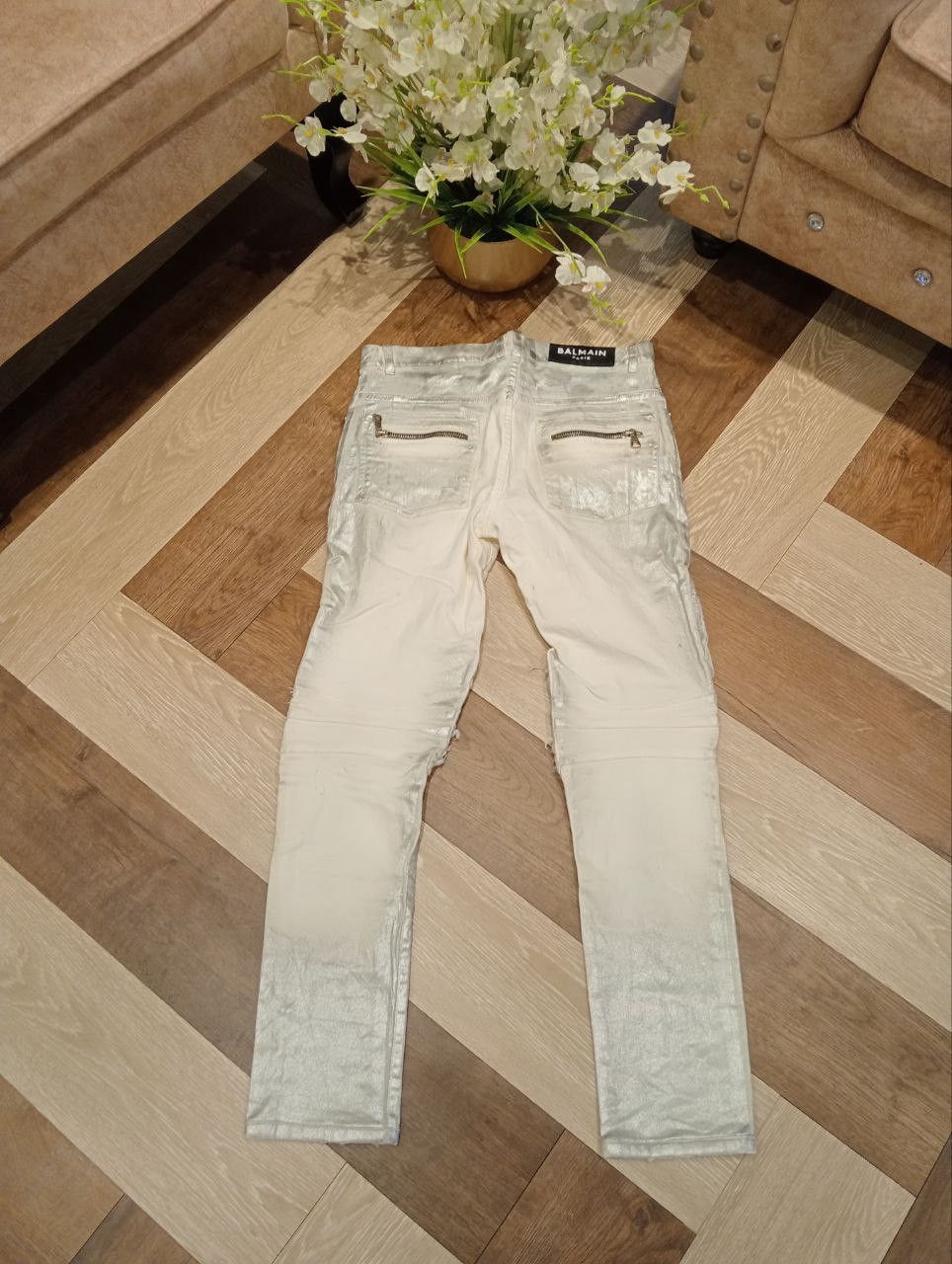 Balmain Balmain Paris Slim Metallic White Biker Jeans Size US 29 - 16 Thumbnail