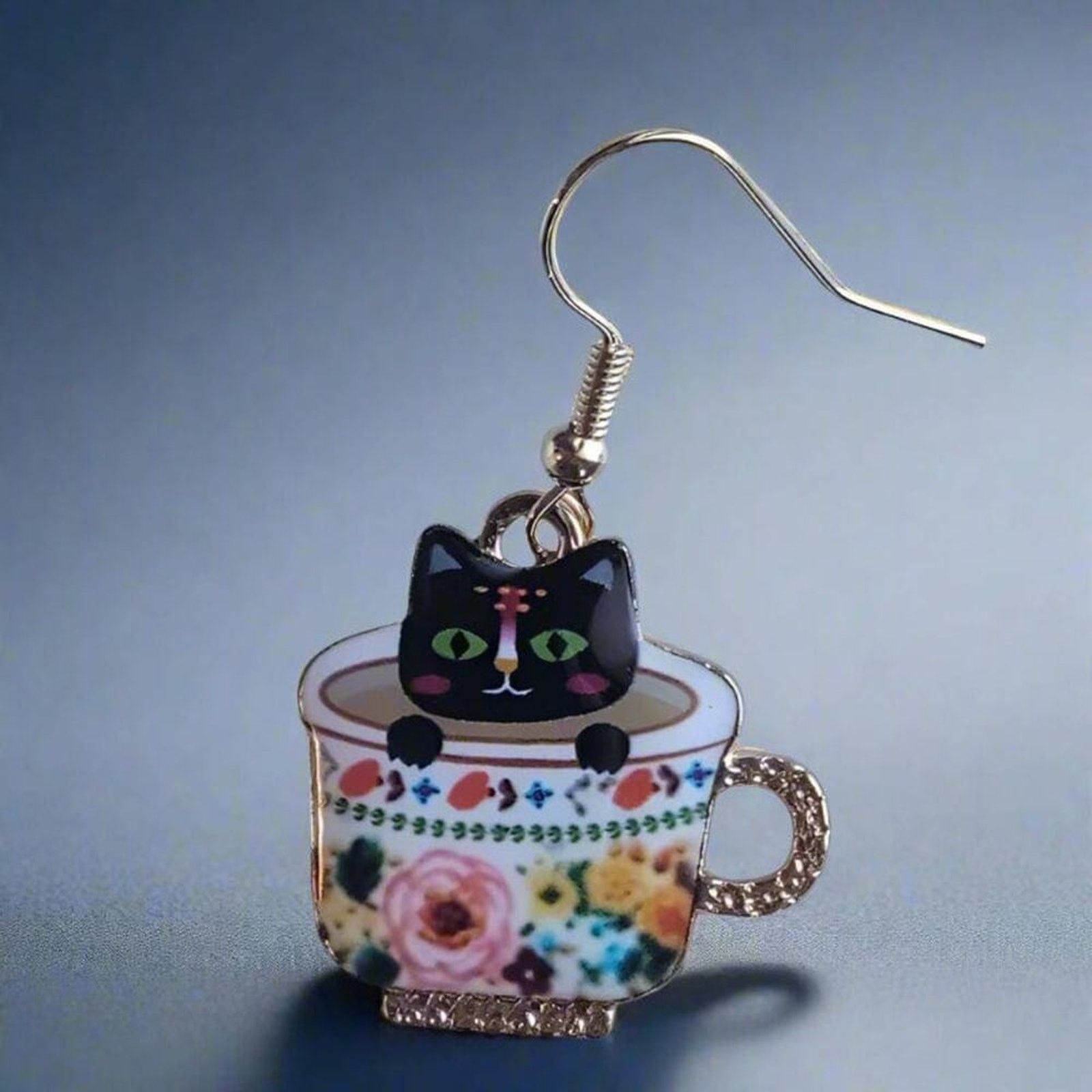 Other Black Cat Teacup Earrings Floral Handmade Earrings Gift Size ONE SIZE - 2 Thumbnail