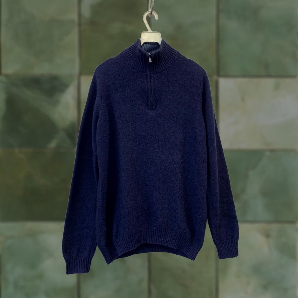 Vintage John Lewis Merino Cashmere Quarter Zip Sweater Men’s M Navy Blue Italy Size US M / EU 48-50 / 2 - 1 Thumbnail