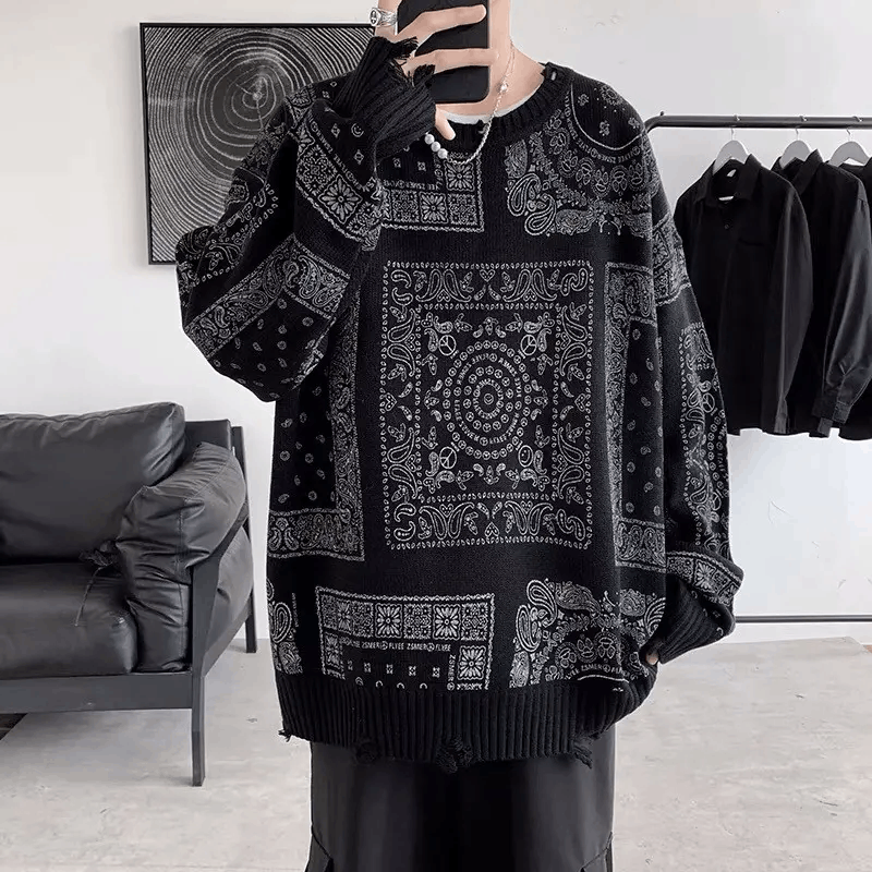 Japanese Brand × Vintage Black distressed paisley bandana sweater jumper knitwear Size US XL / EU 56 / 4 - 1 Thumbnail