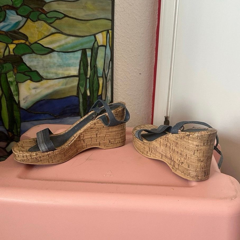Other lower east side denim wood platform wedge sandal heels shoes Size US 7.5 / IT 37.5 - 3 Thumbnail