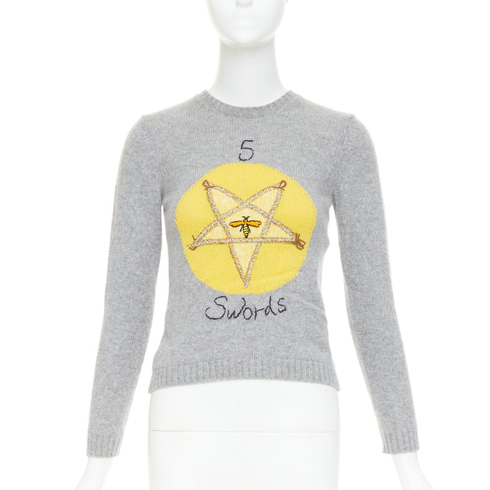 Dior CHRISTIAN DIOR 100% cashmere 5 of Swords grey yellow embroidered cropped sweater FR34 XS Size XS / US 0-2 / IT 36-38 - 1 Thumbnail