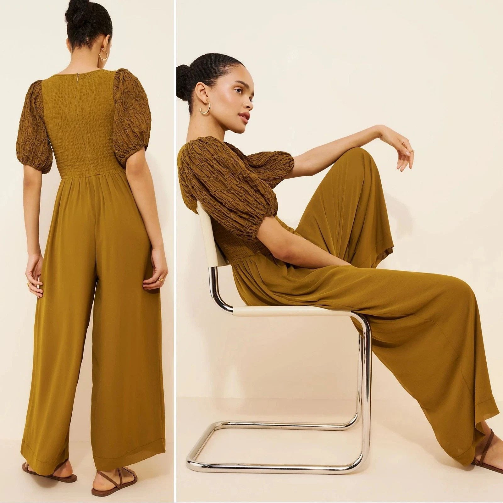 Free People Free People Smocked Wide Leg Jumpsuit Green Puff Sleeve Size 24" / US 00 / IT 34 - 3 Thumbnail