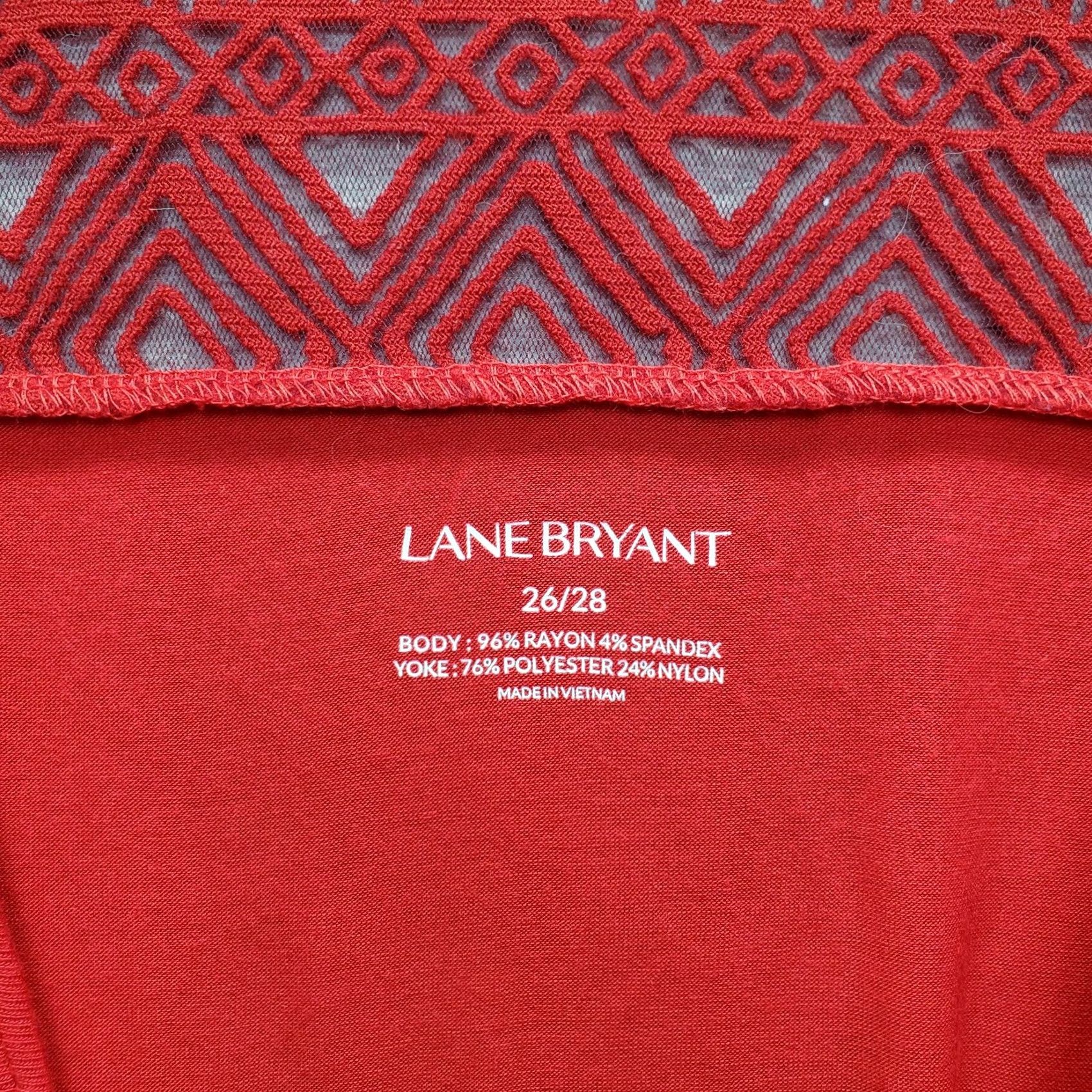 Vintage Lane Bryant Blouse Top Women's 26/28 Red Rayon Crochet Yoke Short Sleeve Stretch - Womens Size 26/28 Blouse Shirt Dressy Casual Shirt Size 4XL / US 24-26 - 7 Thumbnail