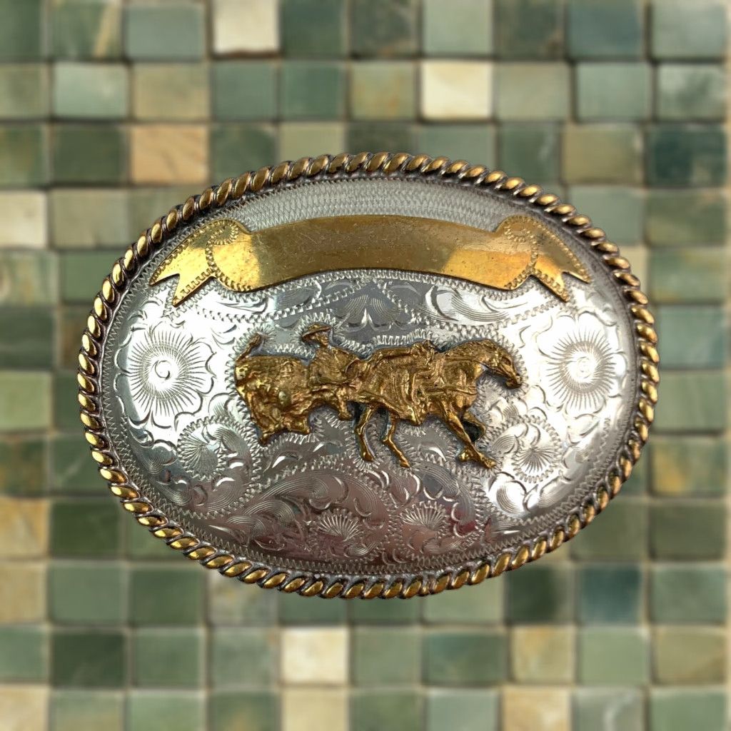 Vintage VINTAGE Alpaca Mexico Calf Roper Etched Silver Metal Belt Buckle Belt Buckle Men Western Buckle Metal Size ONE SIZE - 1 Thumbnail