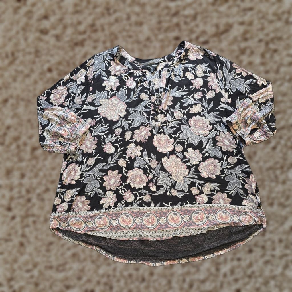 Lucky Brand Lucky Brand Top Blouse 1X Women Black Peasant Floral V Neck 3/4 Sleeve Boho Casual Shirt Size XL / US 12-14 / IT 48-50 - 1 Thumbnail