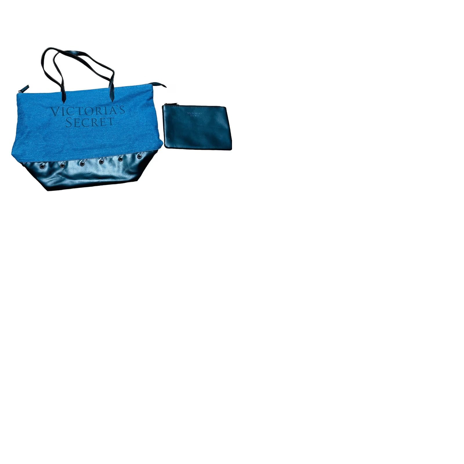 Victoria's Secret VICTORIA'S SECRET Carry All Denim/Faux Leather XL Tote Bag & Pouch Blue/Black Tote Bag Womens XL 2018 City Carry All Size ONE SIZE - 12 Thumbnail