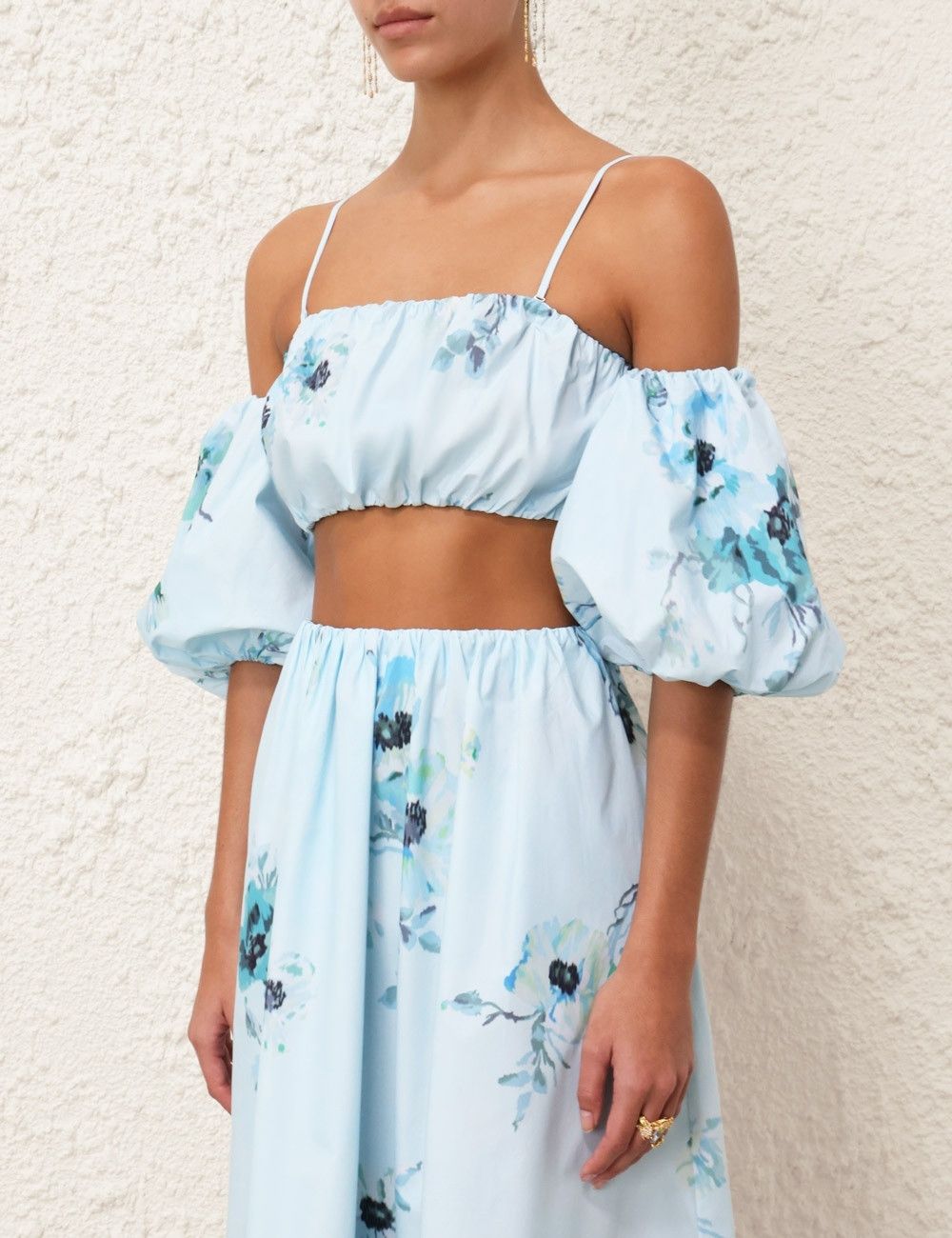 oc11z0525 Lightburst Puff Sleeve Floral Cotton Crop Top