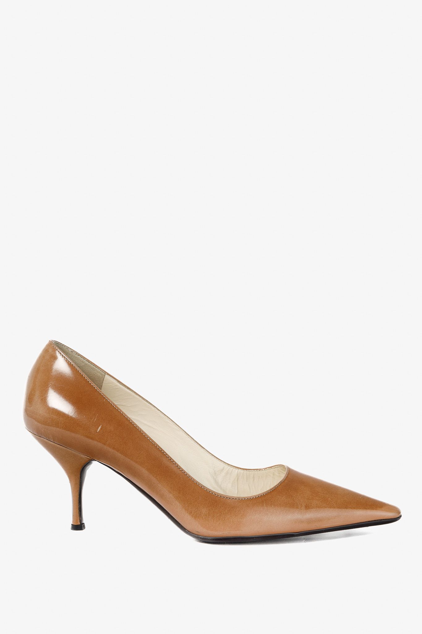 Prada Prada Light Brown Buffed Patent Leather Pointed-Toe Pumps Size US 5 / IT 35 - 1 Thumbnail
