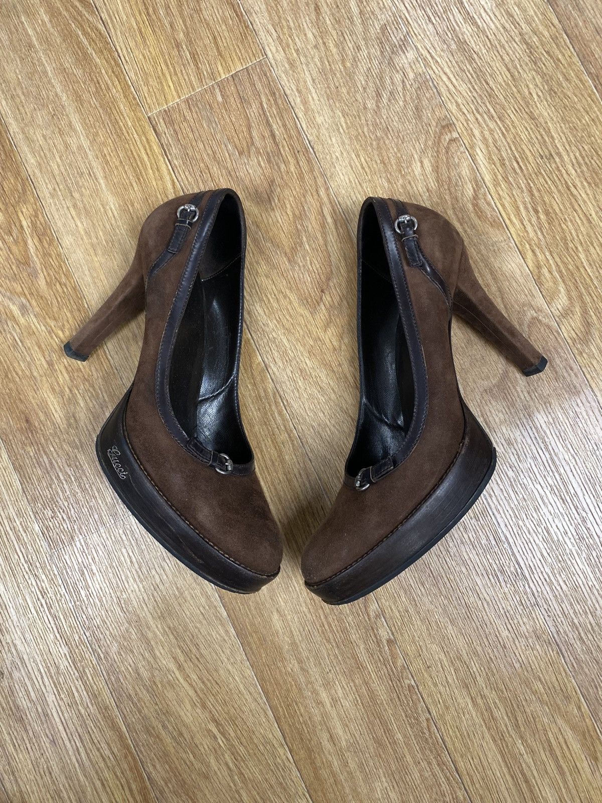 Gucci Brown Suede And Leather Trim Buckle Details Pumps Shoes, Women's (Size 9)