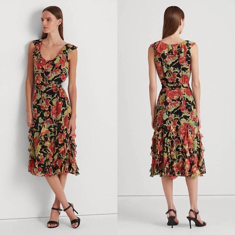 Ralph Lauren NWT New $245 Ralph Lauren Floral Crinkle Georgette Dress Si Size L / US 10 / IT 46 - 1 Thumbnail