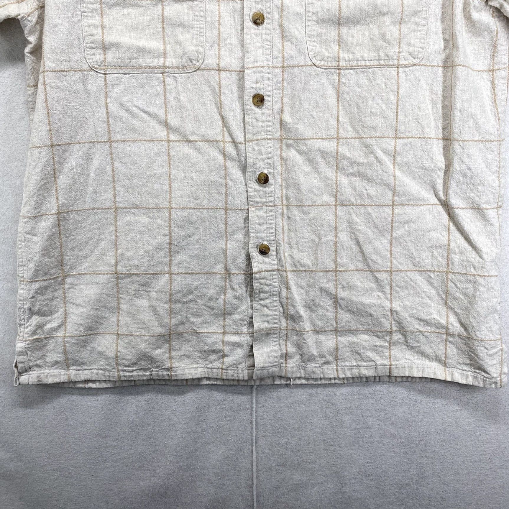 Vintage VINTAGE Andrew Fezza Men's Short Sleeve Button-Down Shirt Woven Linen Blend Checkered Summer Vacation L Beige Size US L / EU 52-54 / 3 - 4 Thumbnail