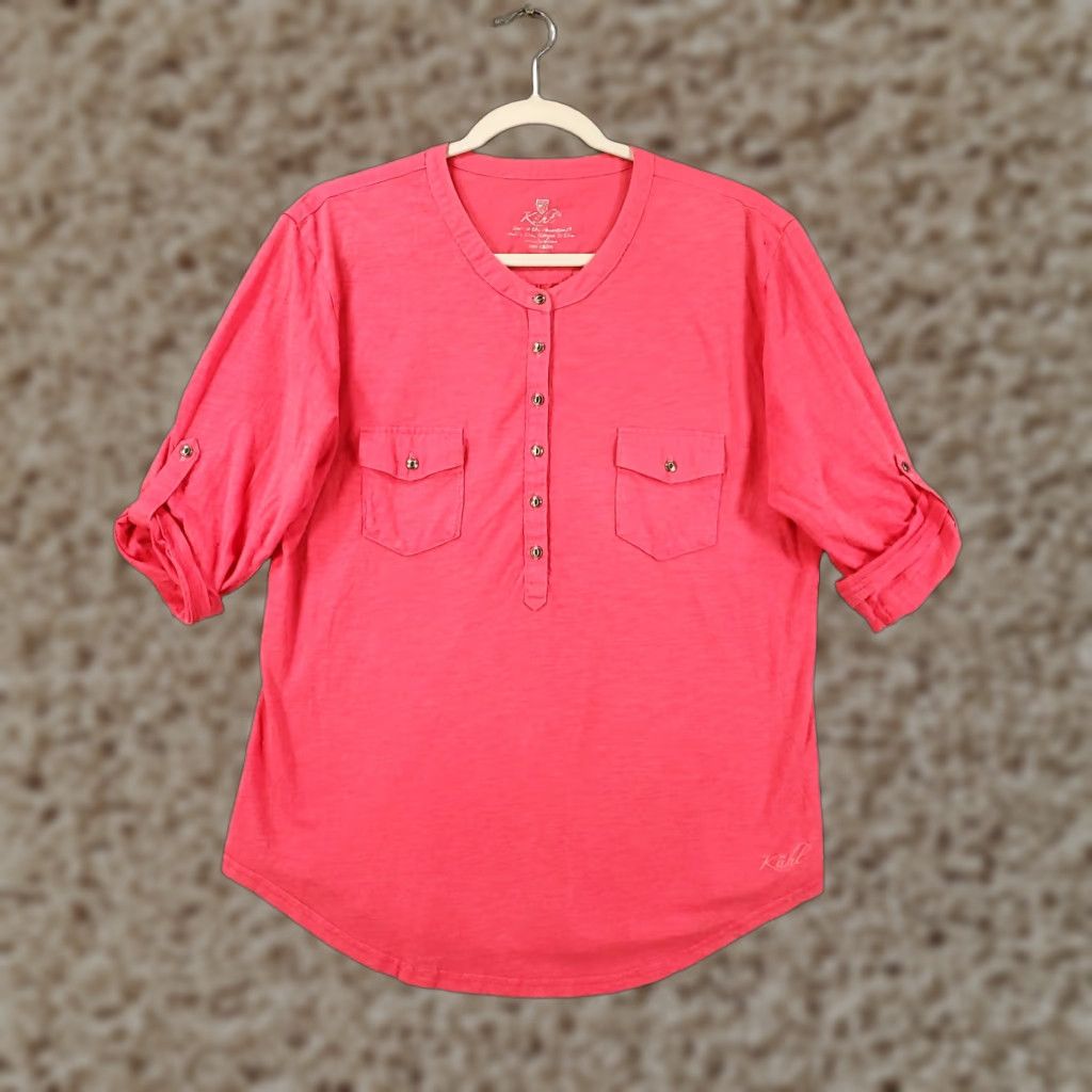 Pinko Kuhl Blouse Shirt Womens XL Pink Button Lightweight Knit Short Sleeve Henley Casual Size XL / US 12-14 / IT 48-50 - 1 Thumbnail