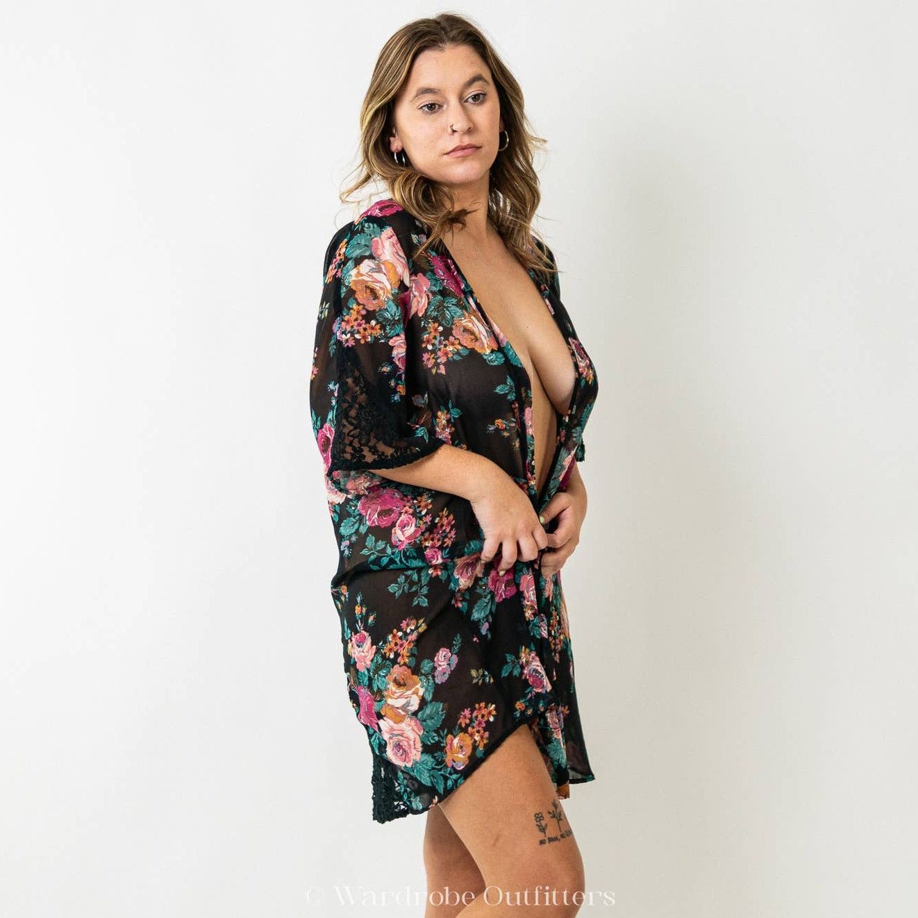 Designer Black x Floral & Lace Robe Lingerie Size ONE SIZE - 5 Thumbnail