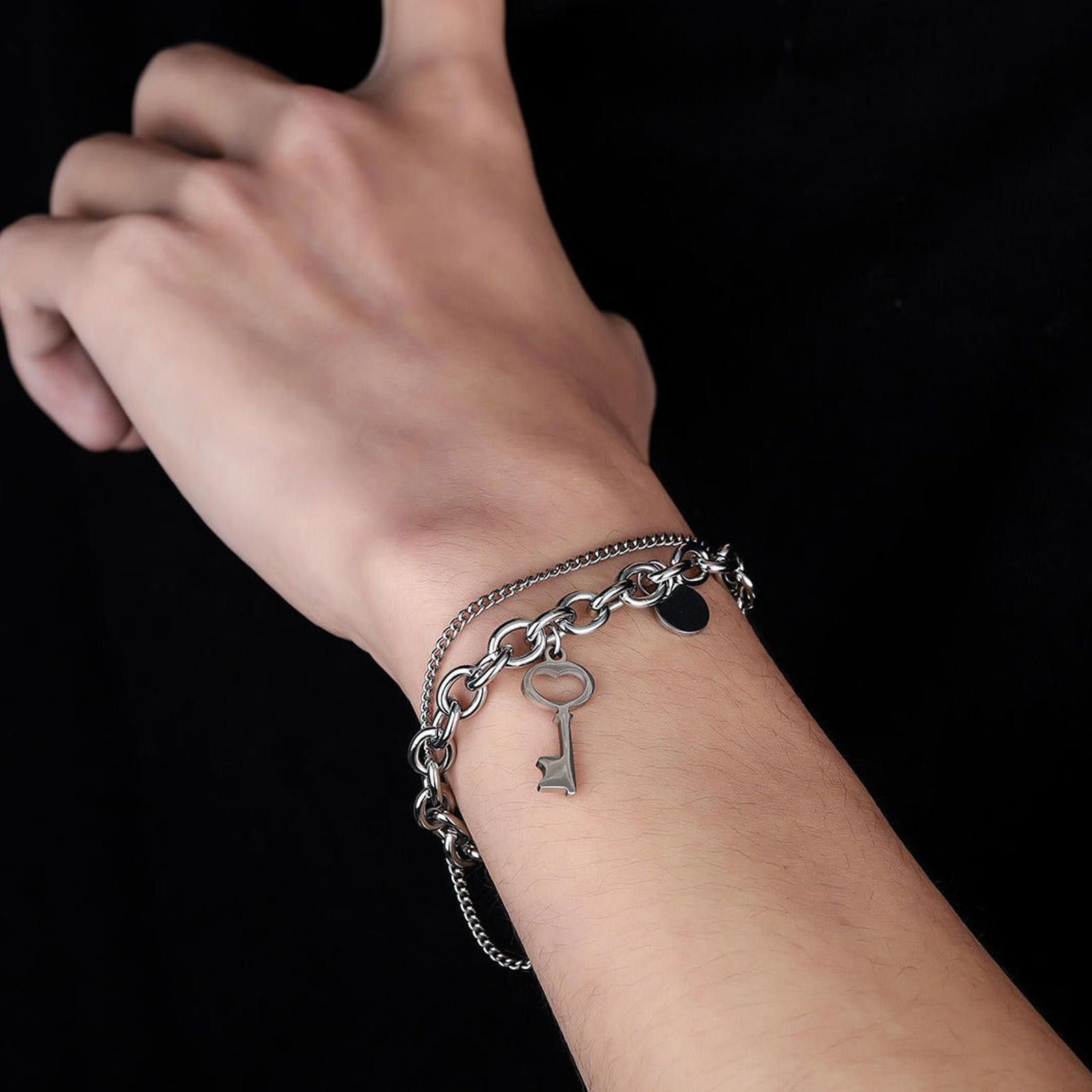 Jewelry Silver Double Chain Key Charm Bracelet, Layered Bracelet Size ONE SIZE - 1 Thumbnail