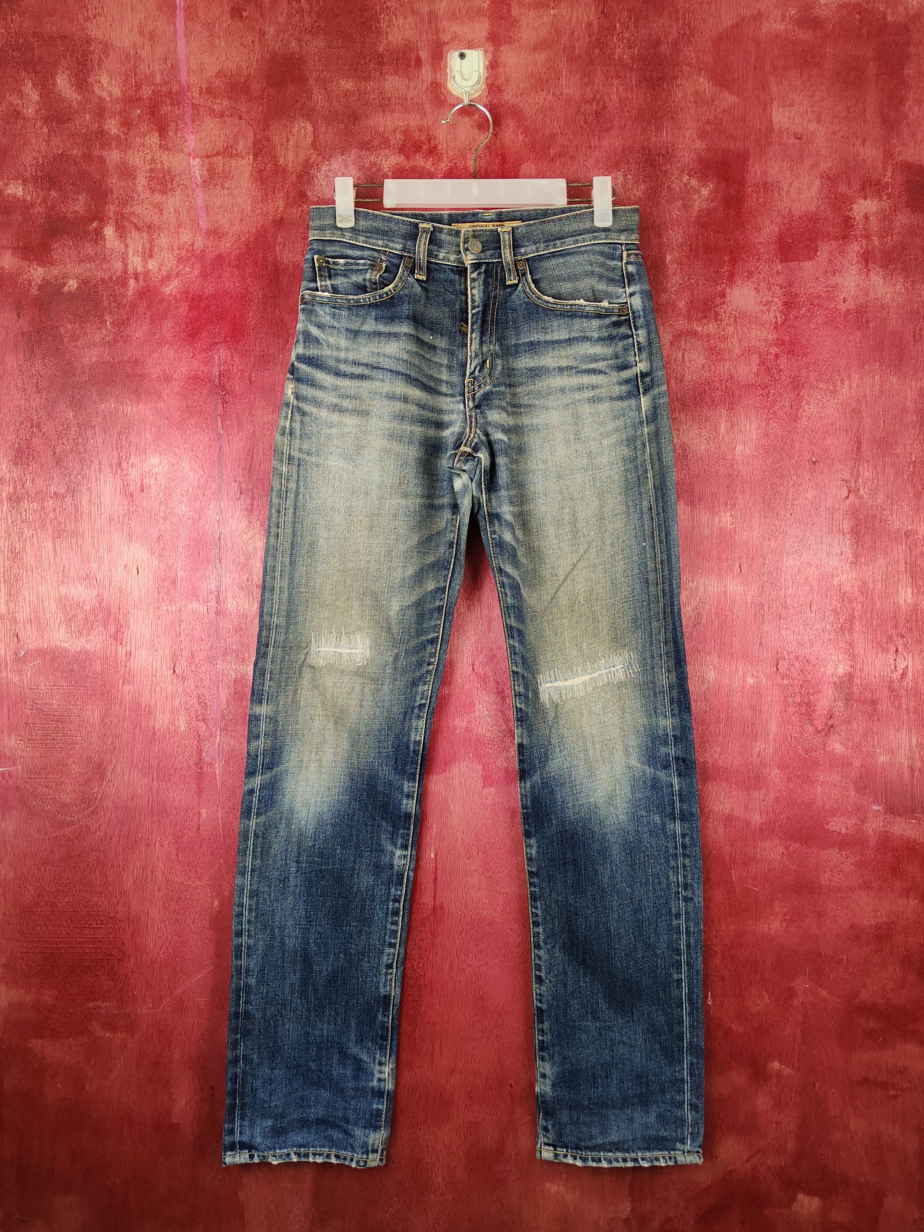 image of Distressed Denim x Vintage Uniqlo Dark Blue Distressed Ripped Jeans S1805 in Dark Blue Denim (Size 