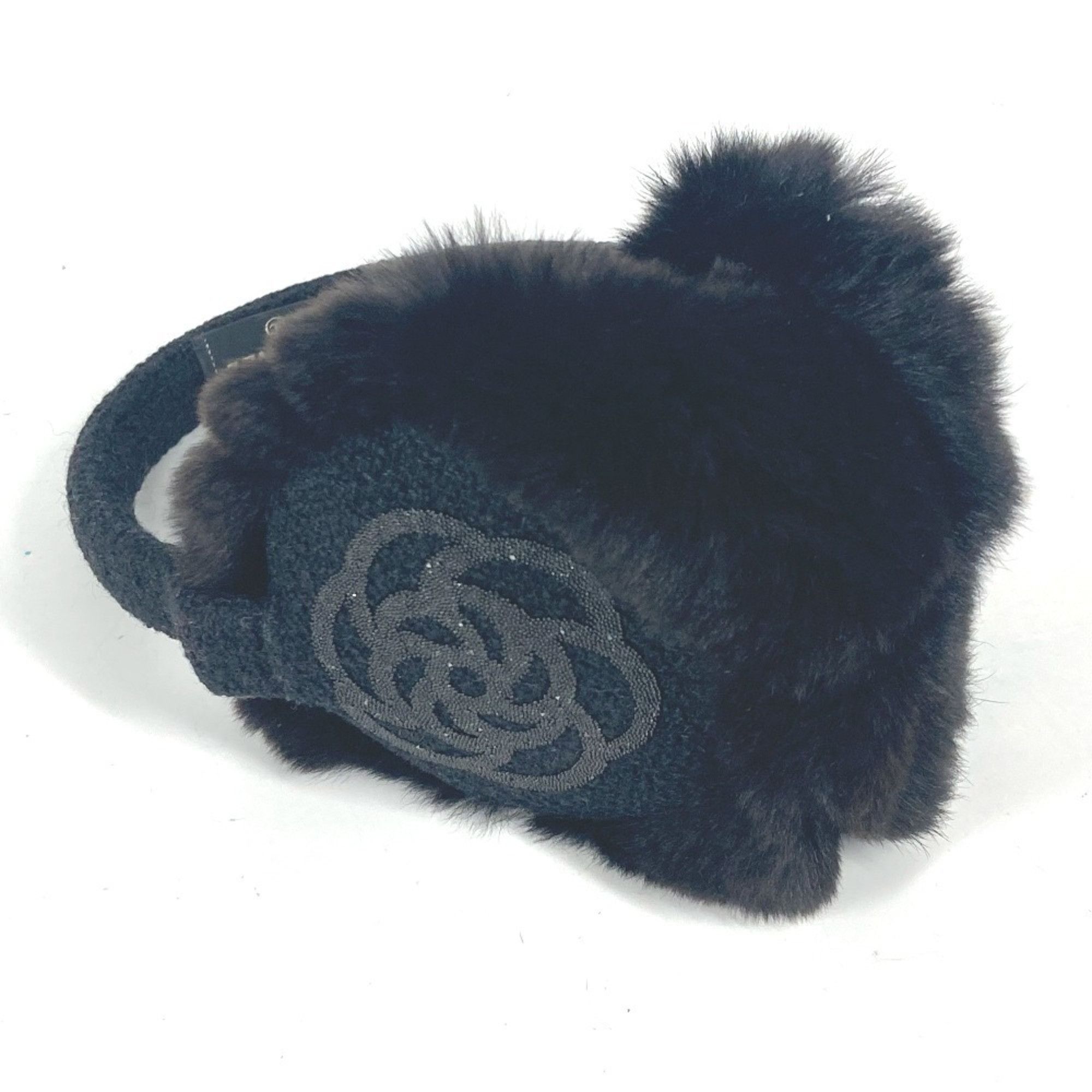 Chanel Earmuffs Ear Warmers Camellia Stone CC Coco Mark Scarf Fur Women's Black