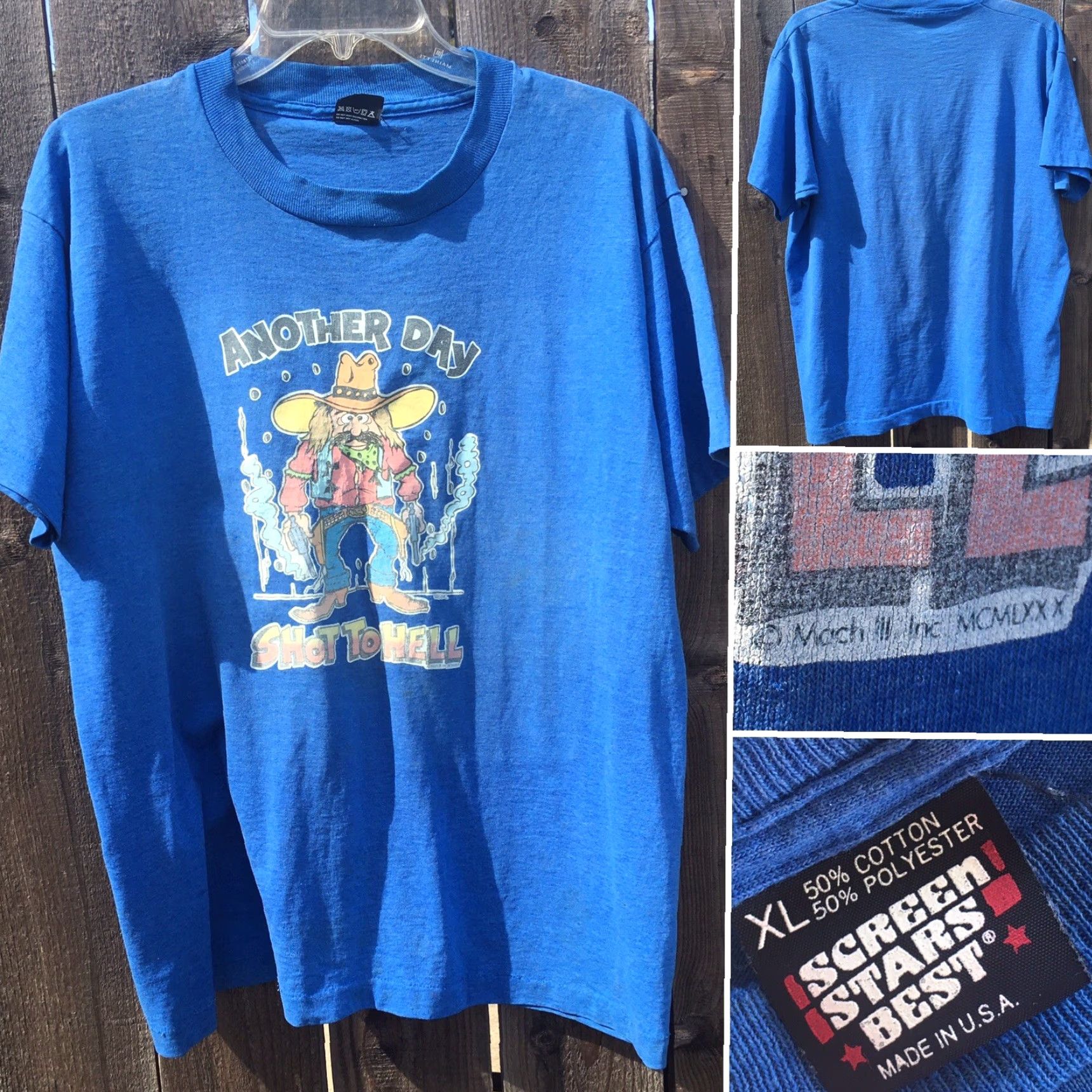 Vintage VINTAGE Screen Stars T-Shirt 1980s XL Blue Men Short Sleeve Graphic Tee Cowboy Iron On Another Day Shot To Hell 80s Size US XL / EU 56 / 4 - 3 Thumbnail