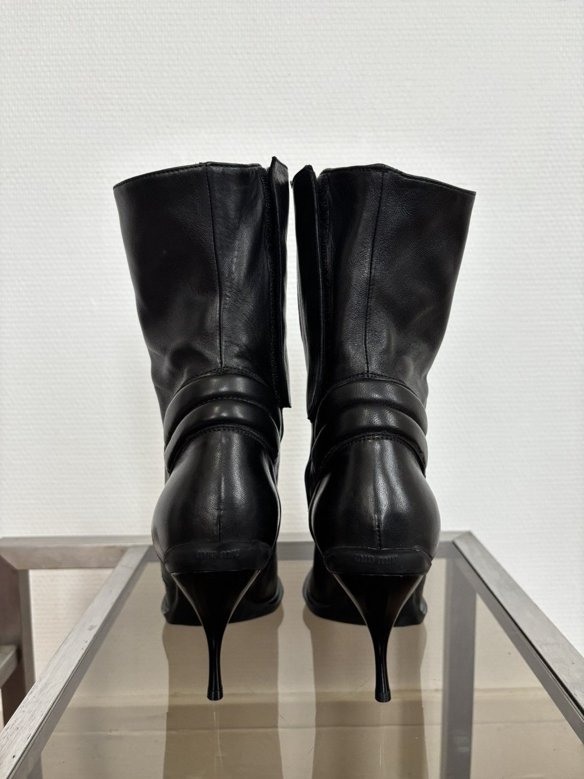 Miu Miu 00’s Vintage Miu Miu Black Padded Leather Biker Heel Boots Size US 7 / IT 37 - 7 Thumbnail