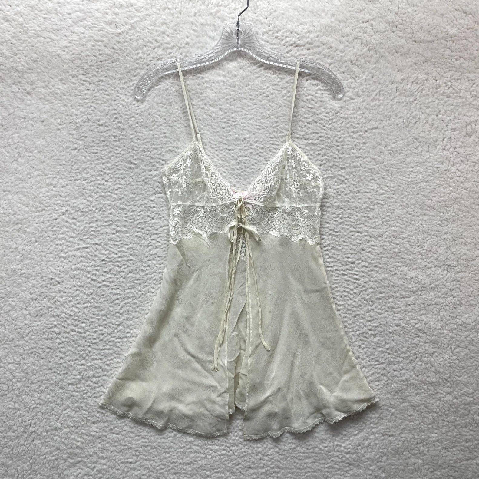 image of Victorias Secret Victoria's Secret Chemise Slip Dress Lingerie S Small Cream Ivory 100% Silk Lace i
