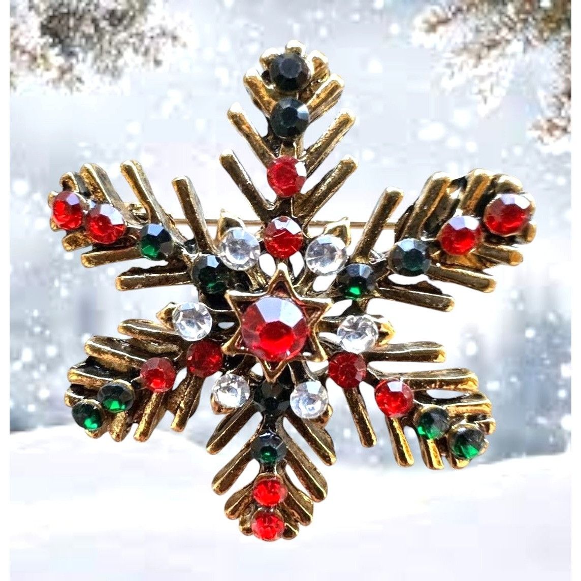 Handmade Christmas Snowflake Brooch Pin Star Red Green Crystal Accent Size ONE SIZE - 7 Thumbnail
