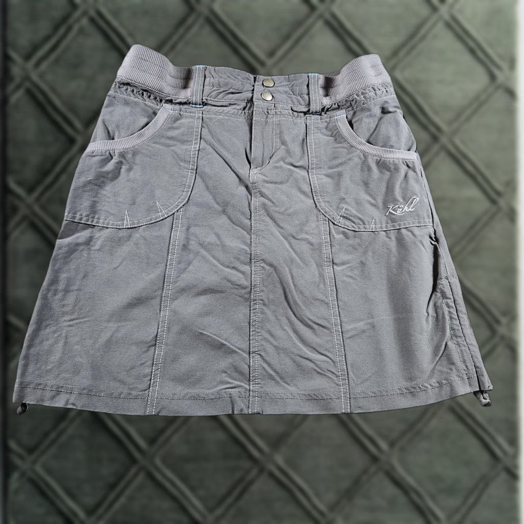 Vintage KÜHL Skirt Womens 2 Gray Cargo Elastic Waist Pockets Short Snap Embroidered Logo Casual Fashion Size 26" / US 2 / IT 38 - 1 Thumbnail