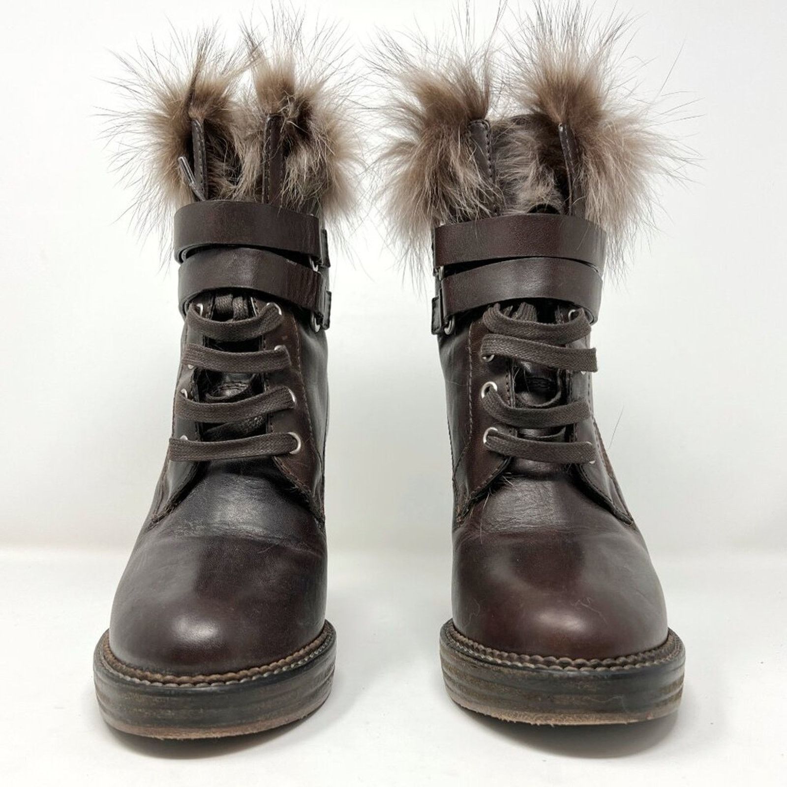 Brunello Cucinelli Brunello Cucinelli Brown Leather Fur Lace-Up High Heel Boots Size US 7.5 / IT 37.5 - 4 Thumbnail