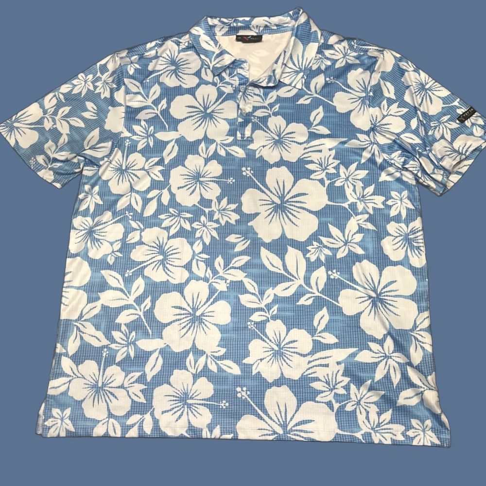 Vintage Yatta Golf Polo Shirt Mens L Blue Performance AOP Hawaiian Hibiscus Flower Shirt Polo Golf Size US L / EU 52-54 / 3 - 1 Thumbnail