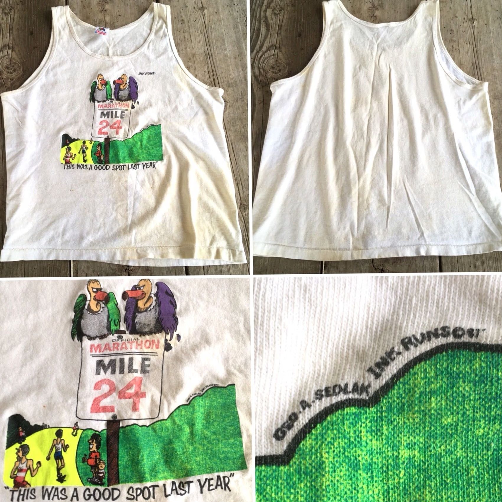 Fruit Of The Loom VINTAGE Marathon Mile 24 Neon Graphic Tank Top Geo A Sedlak Ink Runs c 87 1980s Tank Top Men L White Graphics 80s Sportswear/Beach Size US L / EU 52-54 / 3 - 4 Thumbnail