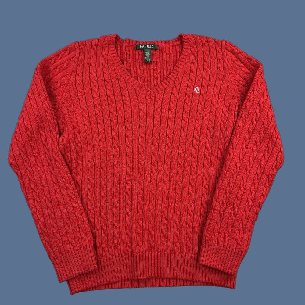 Ralph Lauren Vintage Lauren Ralph Lauren Sweater Women's Large V-Neck Cable Knit Pullover Y2K Red Cotton Knit Pullover 90s Classic Designer Outdoor Preppy Mens? Size L / US 10 / IT 46 - 1 Thumbnail