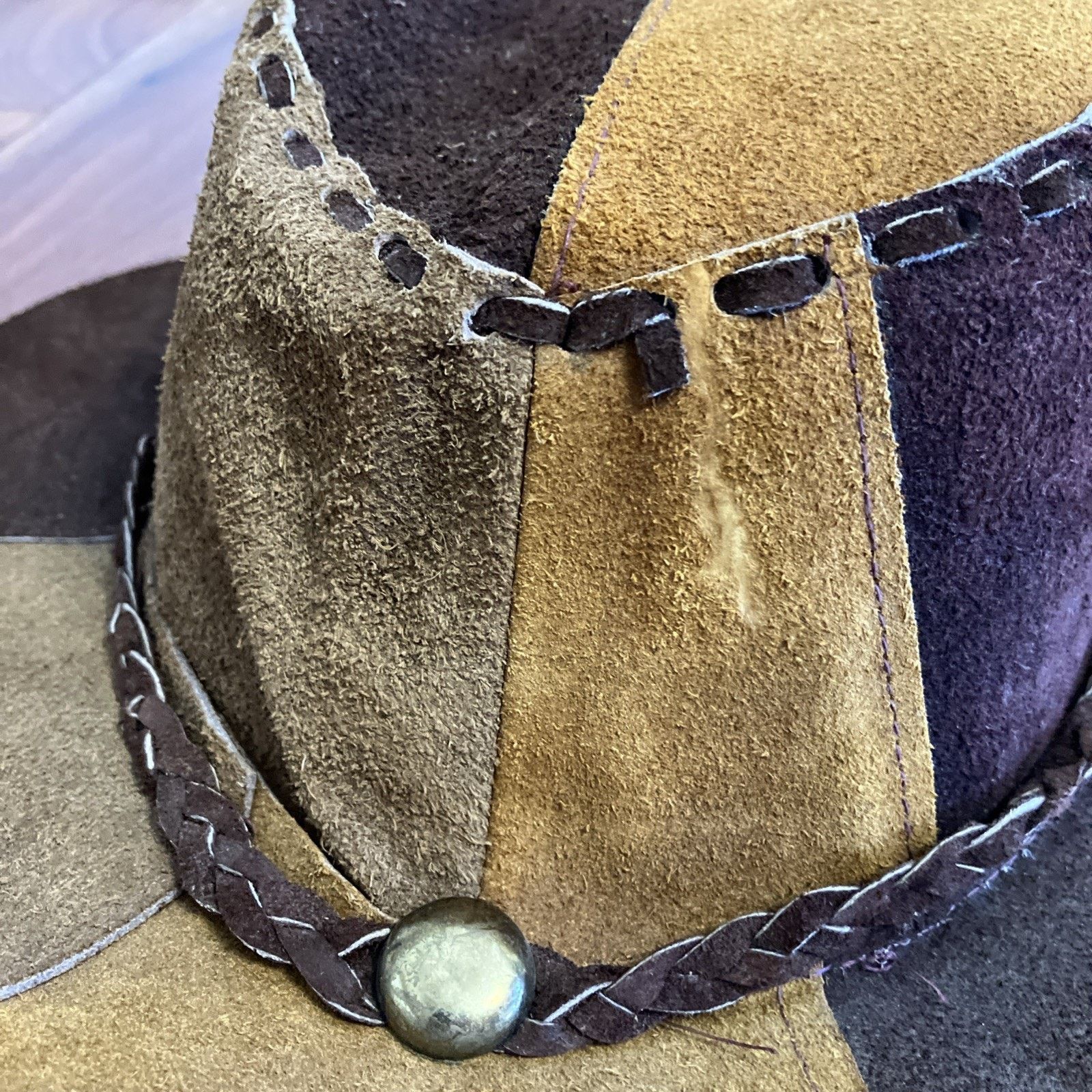 Other Vtg Suede Leather Patchwork Hat Hippie Boho 1970s Cowgirl Size ONE SIZE - 18 Thumbnail