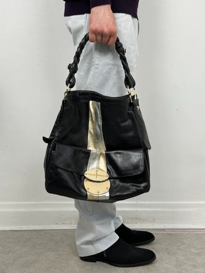 Vintage Cesare Paciotti Black Gold Stripe Leather Shoulder Bag Size ONE SIZE - 1 Thumbnail