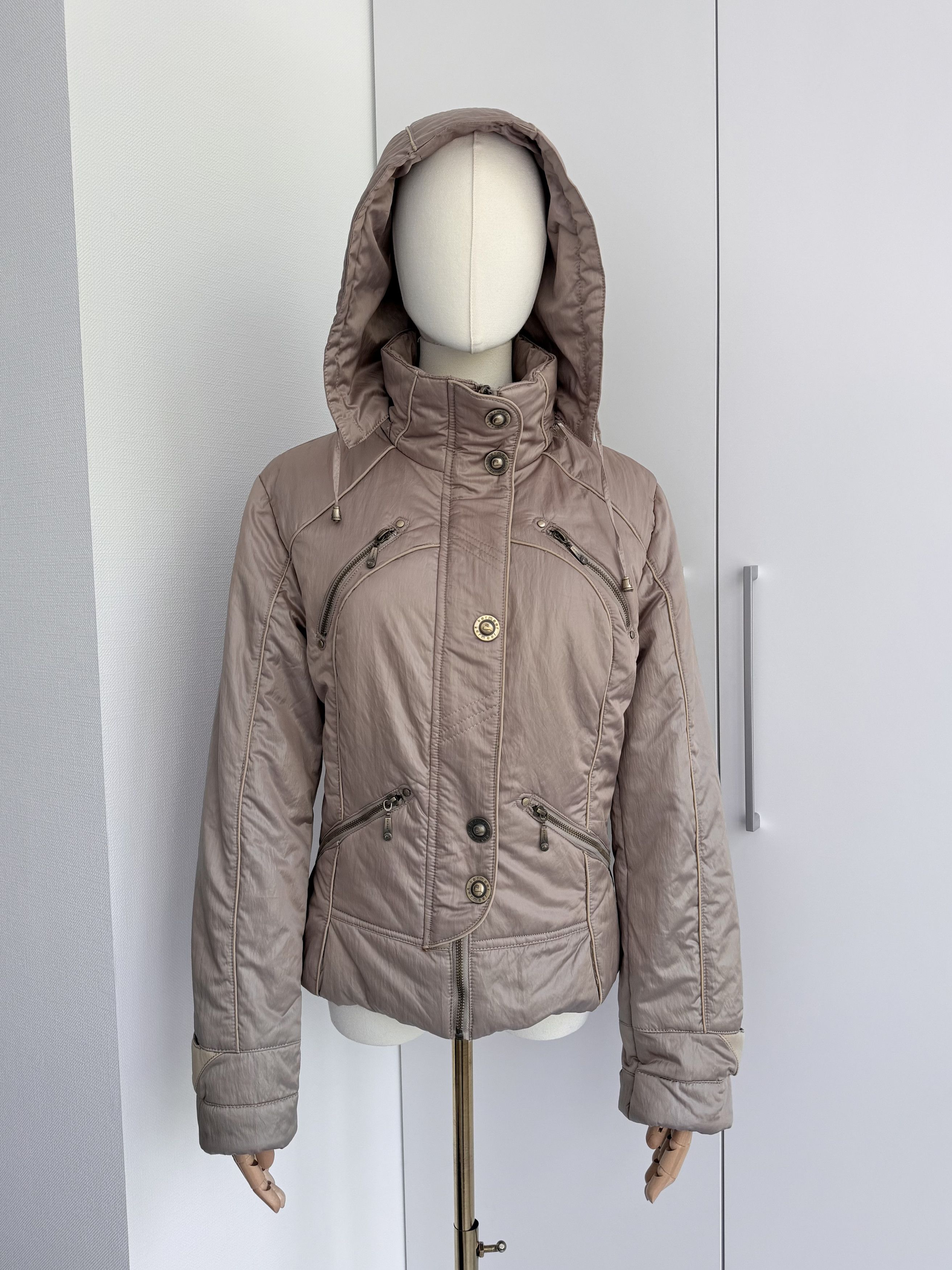 Vintage Taupe Hooded Jacket Women L Zip Up Y2K Utility Biker Coat Size L / US 10 / IT 46 - 2 Thumbnail