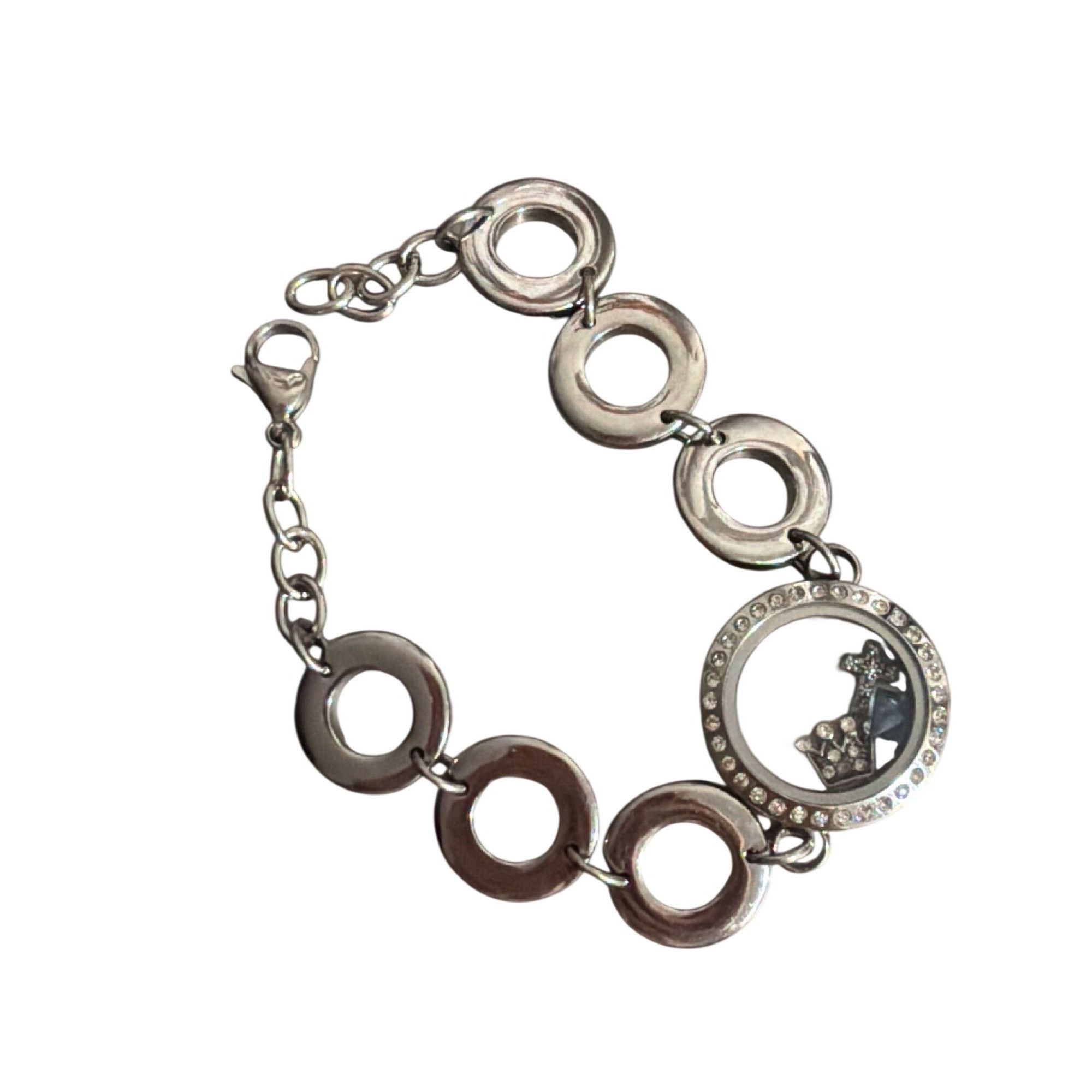 Other Silver Tone Circle Link Bracelet Rhinestone Crown Charm Pend Size ONE SIZE - 1 Thumbnail