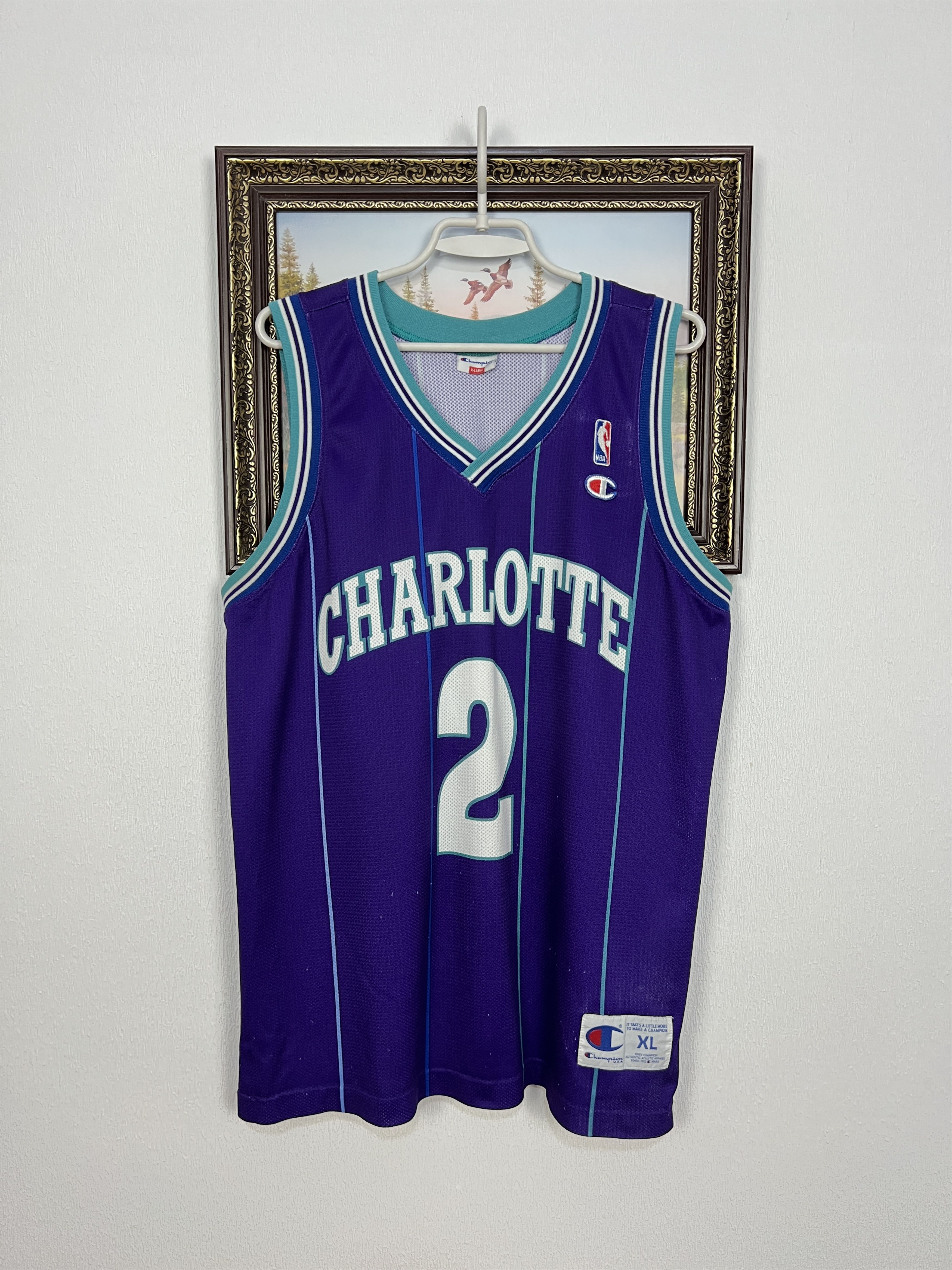 90s Champion NBA HORNETS ユニフォーム ゲームシャツ VTG 90s Authentic NBA Champion Charlotte Hornets Larry