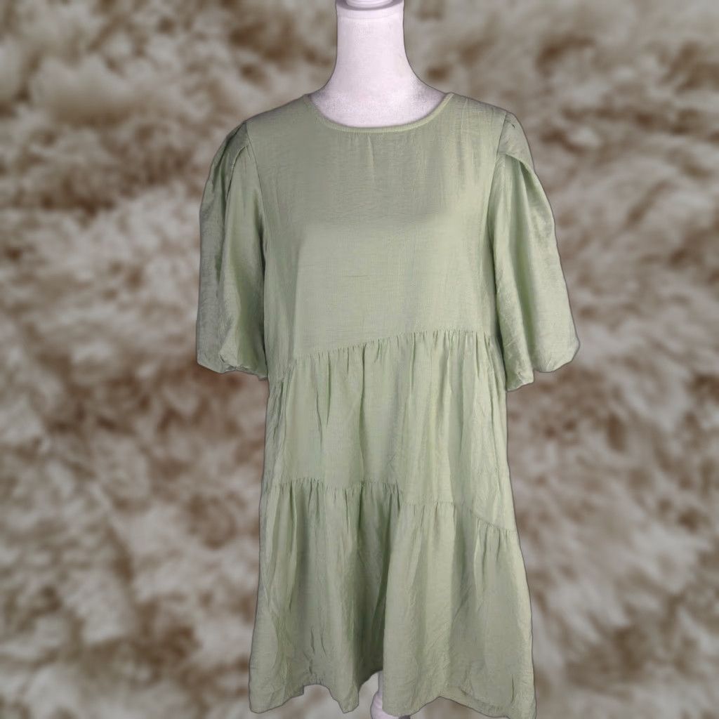 Moon River Dress Womens Large Soft Green Tiered Puff Sleeve Mini Boho Casual