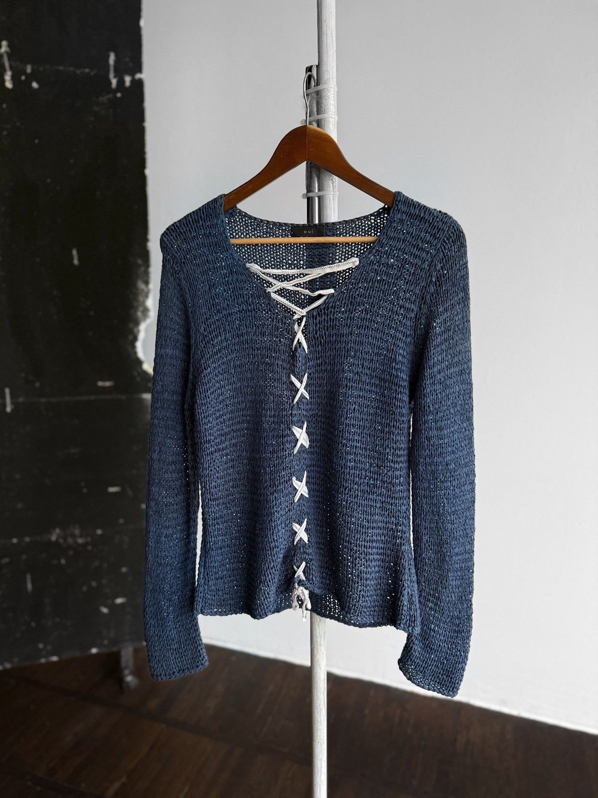 Designer Oui Womens Navy Blue Knit Lace Up Sweater Pullover Acrylic Size L / US 10 / IT 46 - 1 Thumbnail