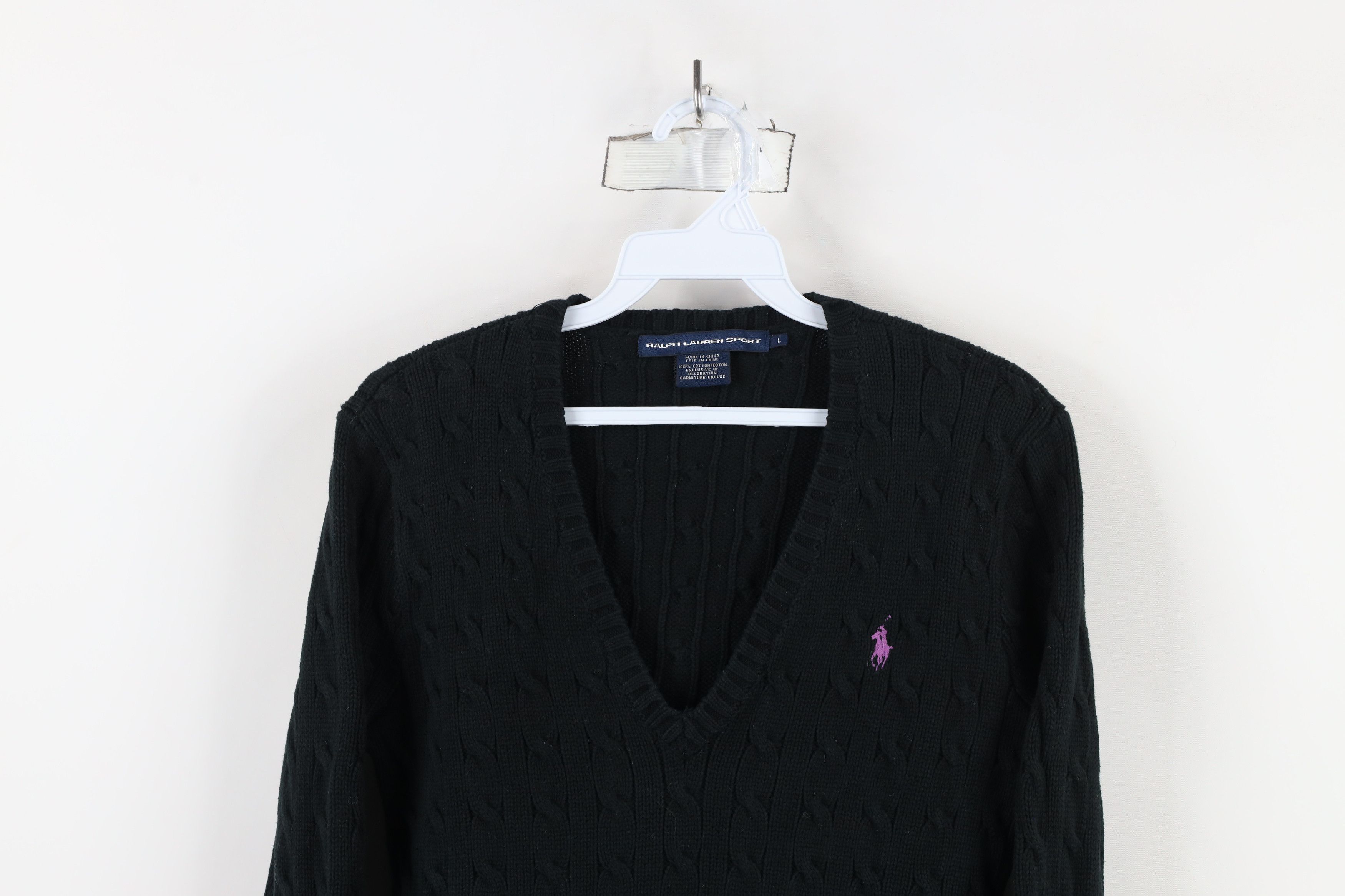 Ralph Lauren × Vintage Vintage 90s Ralph Lauren Cable Knit V-Neck Sweater Black Size L / US 10 / IT 46 - 2 Thumbnail