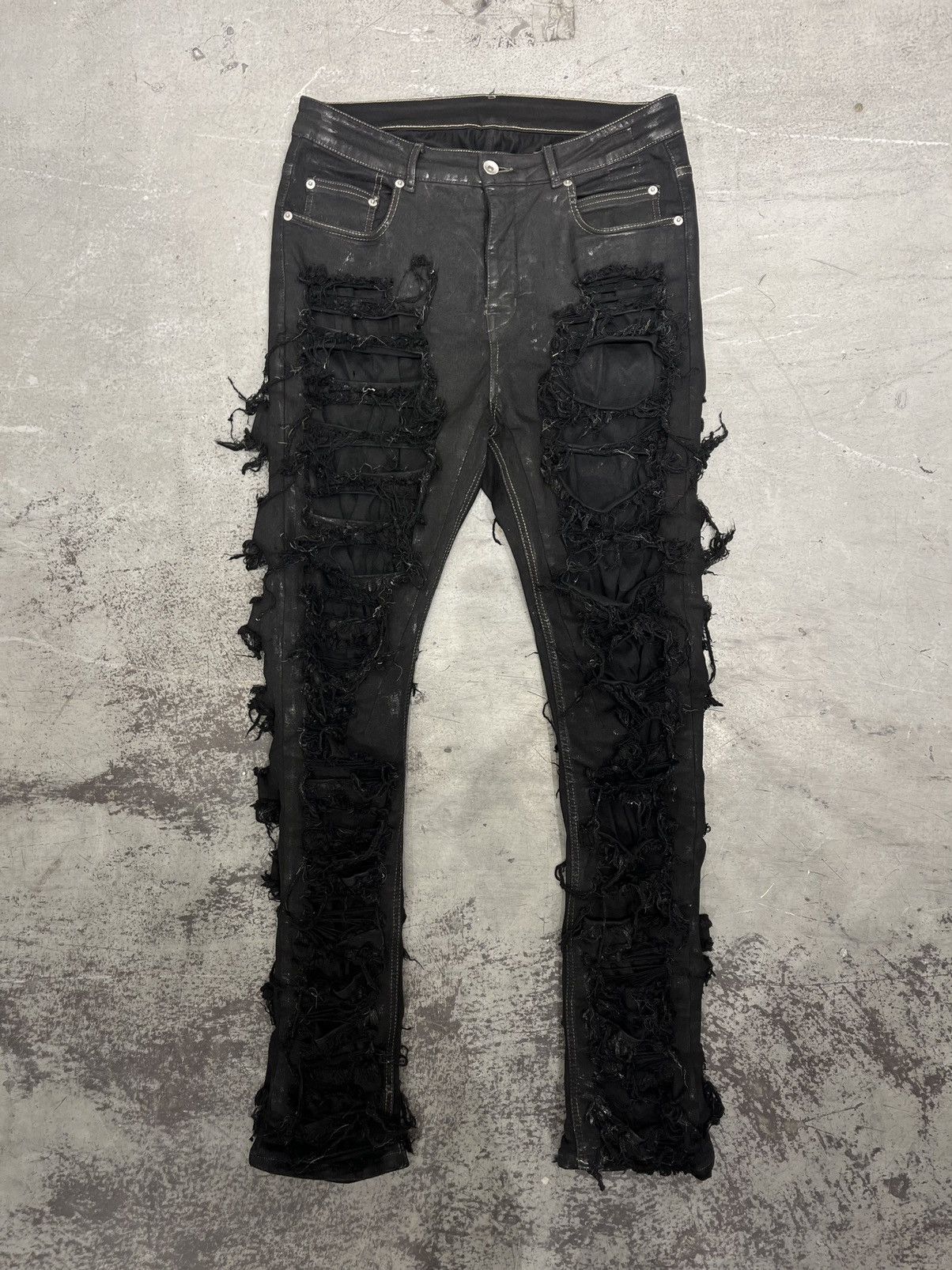 image of Rick Owens Ss23 Destroyed Wax Detroit Cut Jeans in Black, Men's (Size 31)