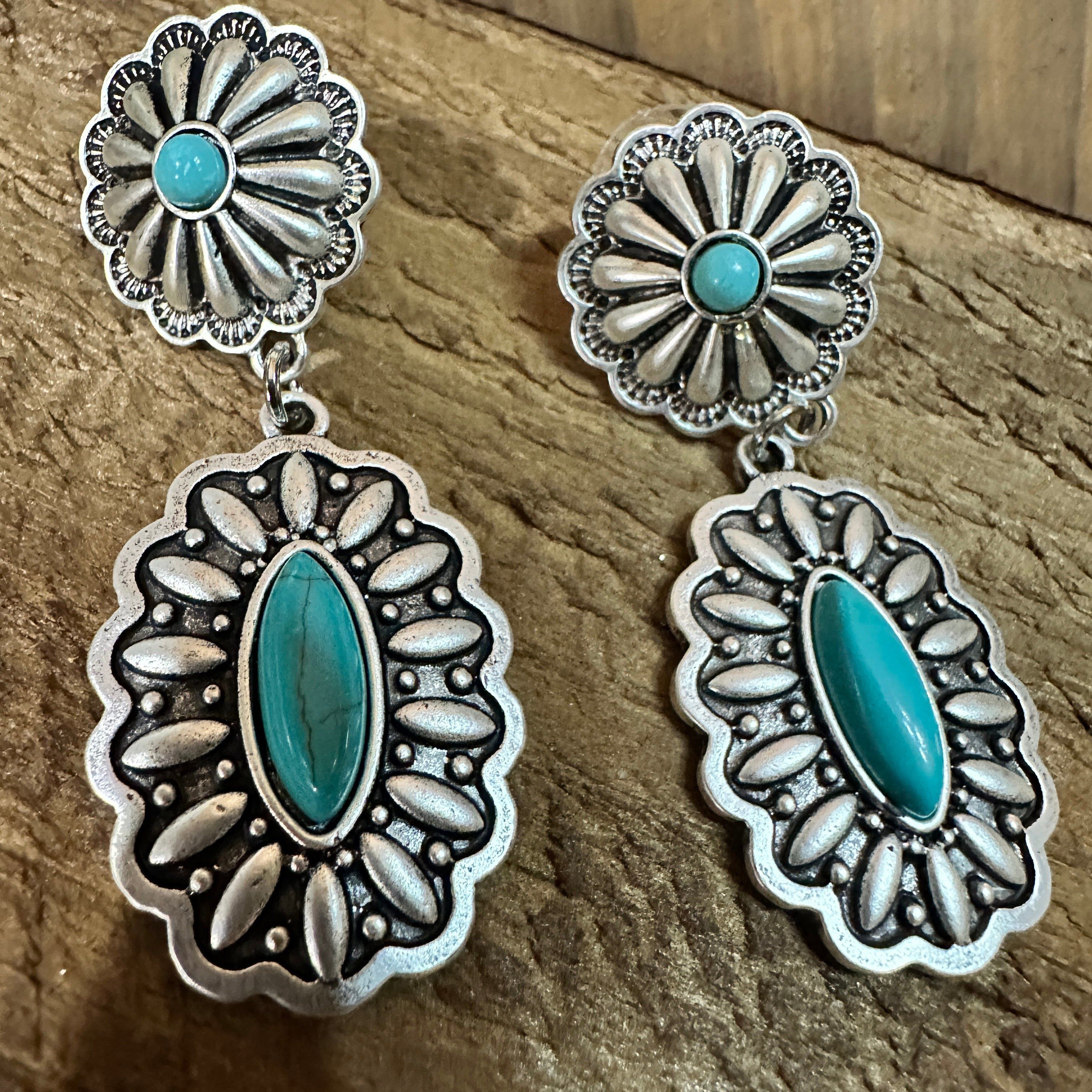 Other Concho Turquoise Brass Post Earrings 2.2 Inches Long Antique Size ONE SIZE - 1 Thumbnail