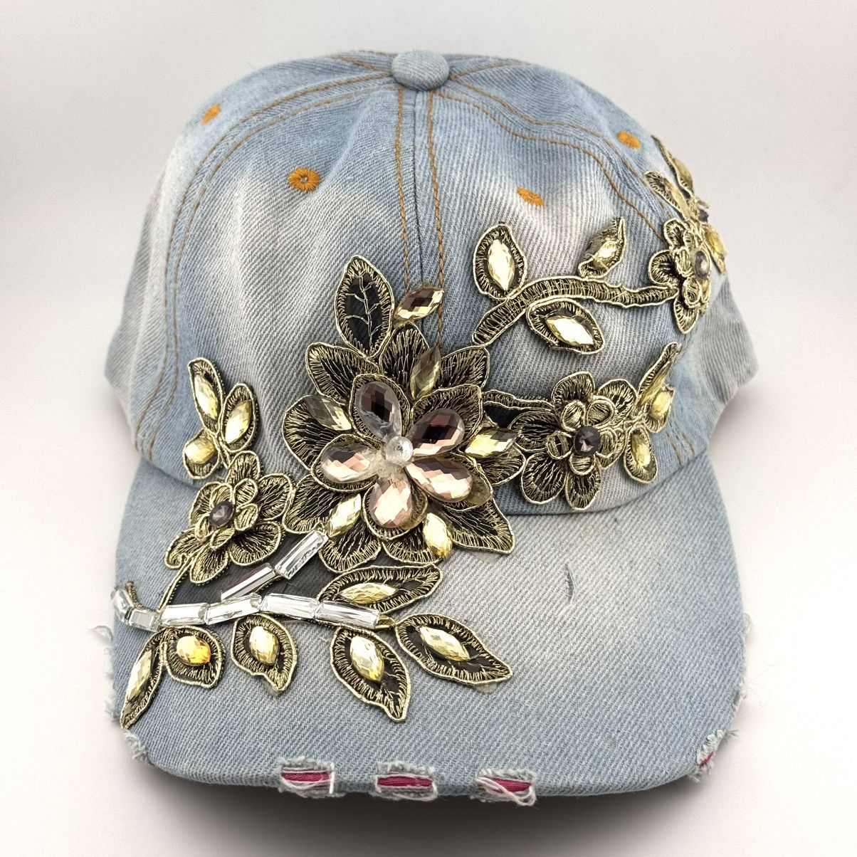 Japanese Brand Vtg Y2K Rhinestone Floral Denim Distressed Cap Size ONE SIZE - 3 Thumbnail
