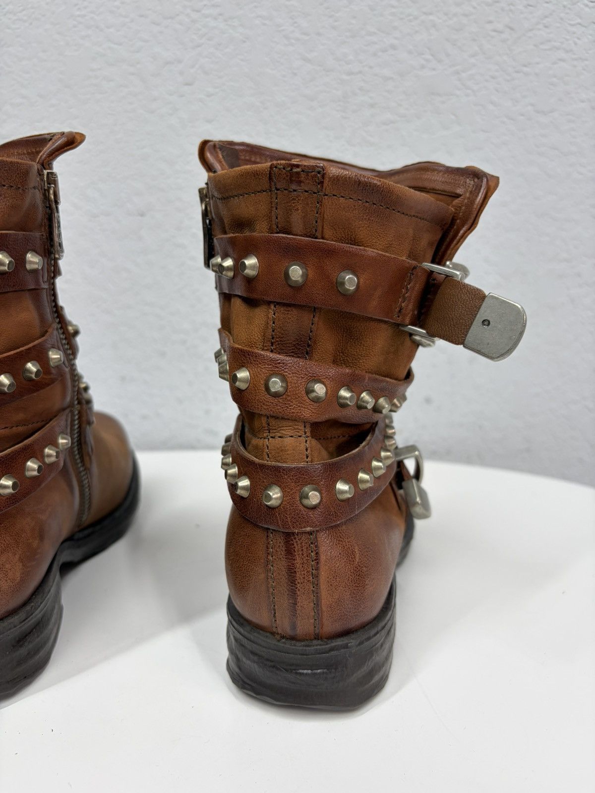 If Six Was Nine Brown Leather Studded Harness Boots Multi-Strap Biker Boots Size US 8 / IT 38 - 9 Thumbnail