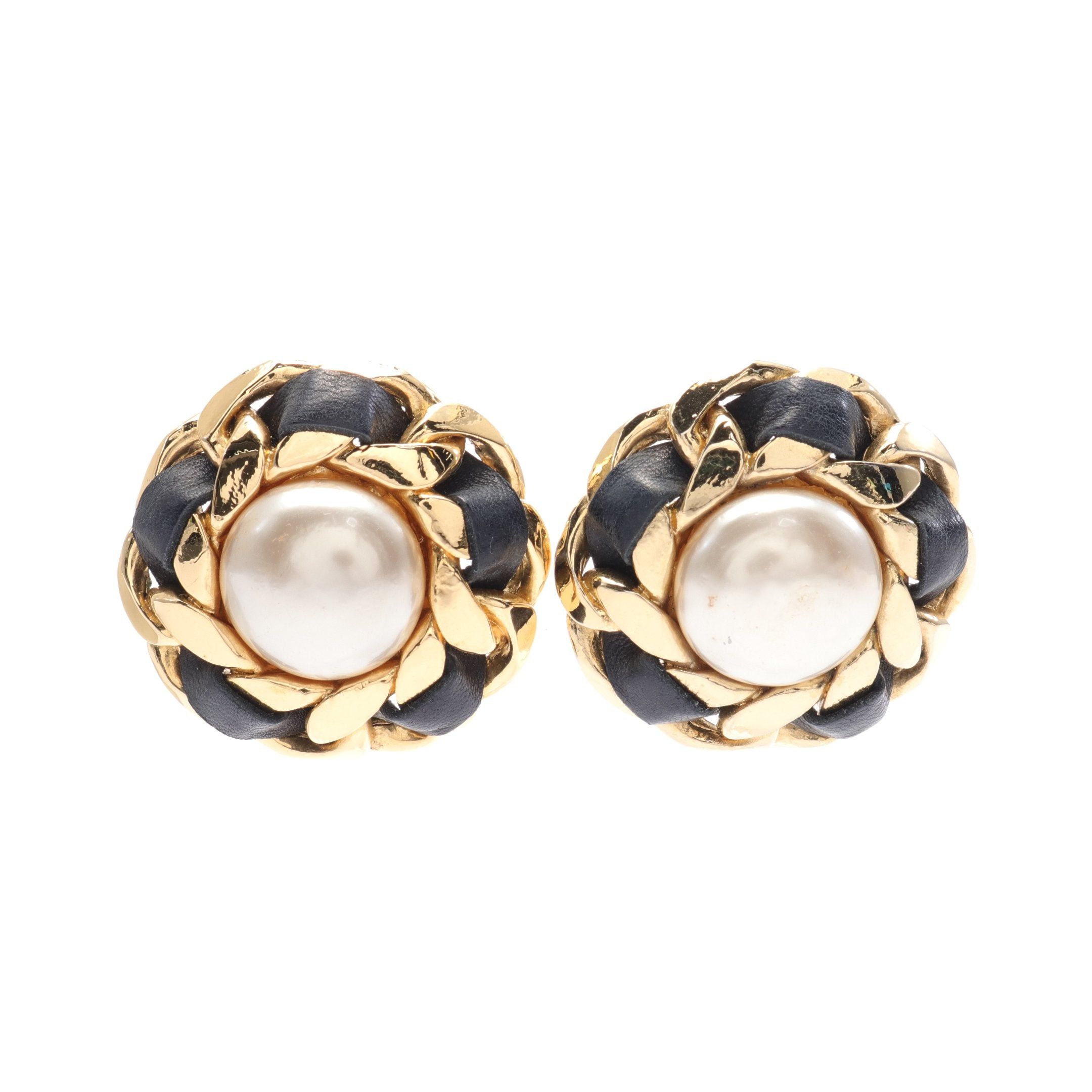 image of Chanel Earrings Gp Fake Pearl Leather Gold White Black 24, Women's