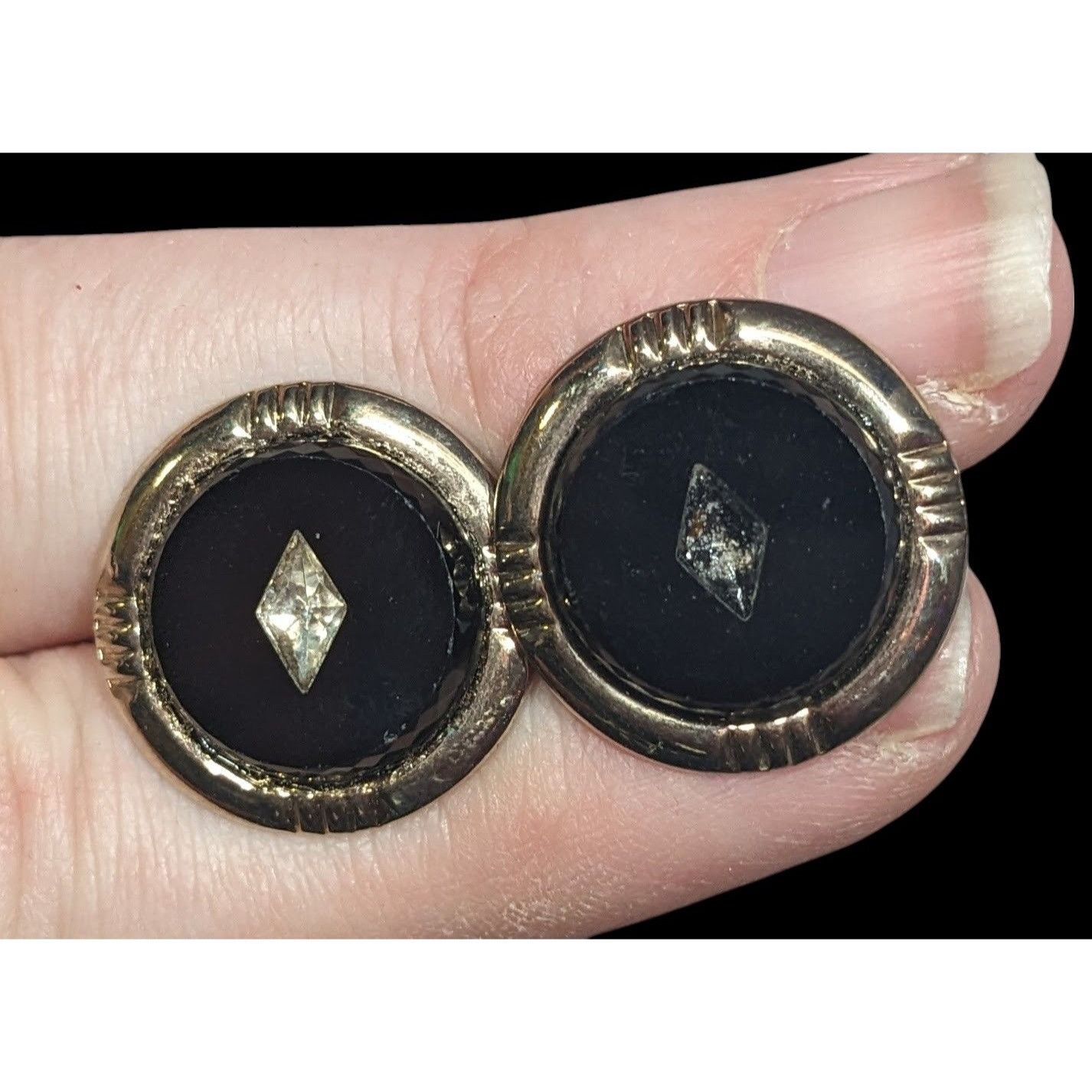 Other Vintage Black And Silver Tone Cuff Links With Clear Gem Inla Size ONE SIZE - 1 Thumbnail