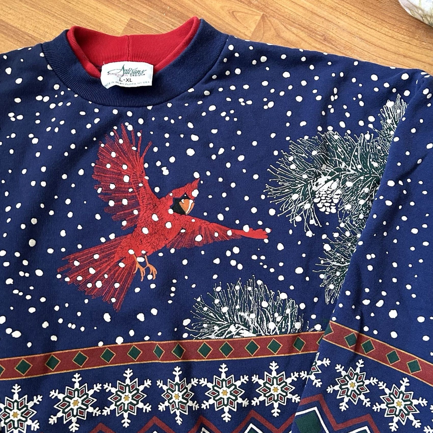 Vintage VINTAGE 90s Cardinal Bird Winter Nature All Over Print Sweatshirt XL Women Blue Pullover Activewear Shirt Size XL / US 12-14 / IT 48-50 - 3 Thumbnail
