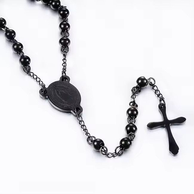 Jewelry BLACK CROSS Rosary Necklace - 3 mm Beads + 50 cm Size ONE SIZE - 5 Thumbnail