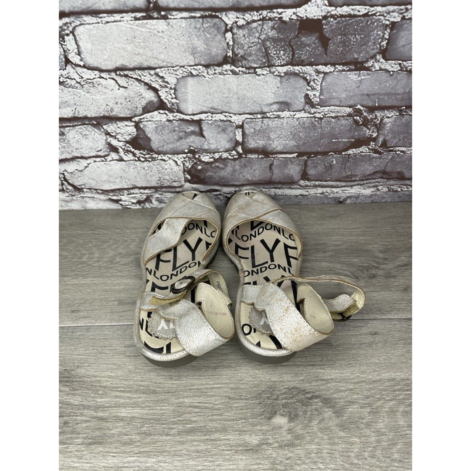 Fly London FLY London Pero Silver Metallic Crackled Peep Toe Wedge Sand Size US 9.5 / IT 39.5 - 15 Thumbnail