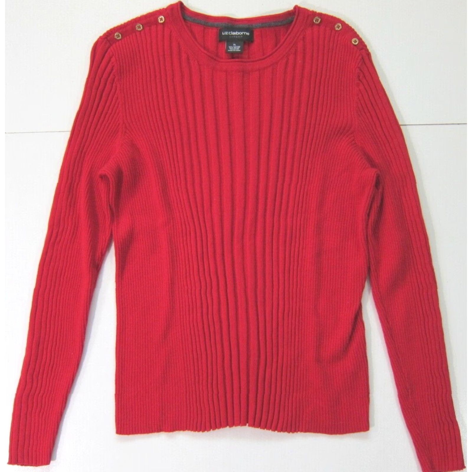 Liz Claiborne Liz Claiborne Career Red Ribbed Cotton Stretch Gold Button Crew Neck Sweater XL Women Knit Pullover Size XL / US 12-14 / IT 48-50 - 5 Thumbnail