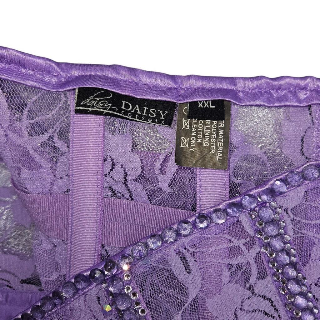 Vintage Purple Lace Corset Hand-Embellished with Rhinestones Size ONE SIZE - 5 Thumbnail
